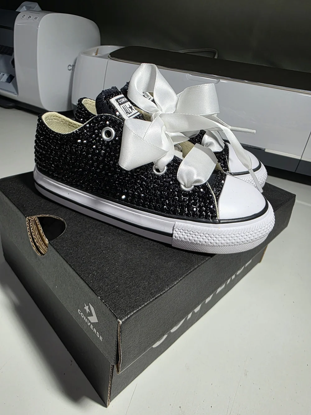 Converse Kids' Black Gem Bling Low Top Sneakers with White Satin Laces